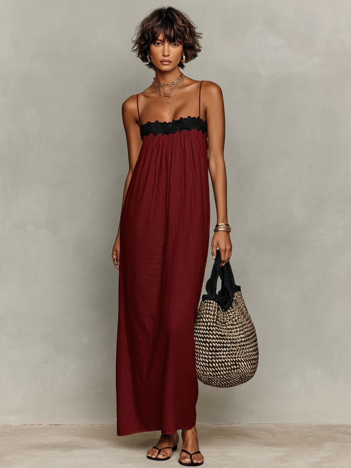 Vestido Maxi Sin Mangas en Mezcla de Lino Minimalista para Mujeres con Tirantes Espagueti MDZ1926C9Y
