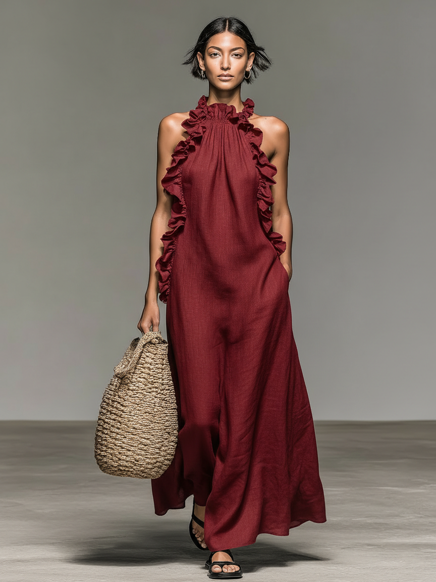 Vestido Maxi Sin Mangas en Mezcla de Lino Minimalista para Mujeres con Detalles Fruncidos MDZ1622A0Y