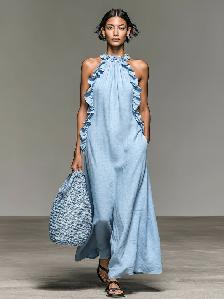 Vestido Maxi Sin Mangas en Mezcla de Lino Minimalista para Mujeres con Detalles Fruncidos MDZ1622A0Y