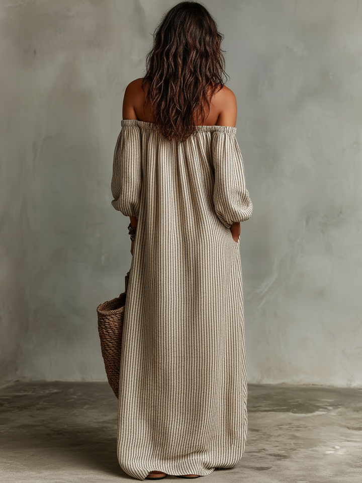 Ropa Maxi de Manga Larga en Mezcla de Algodón y Lino para Mujeres, Estilo Vacaciones, Hombros Descubiertos MDZ0481B5Y