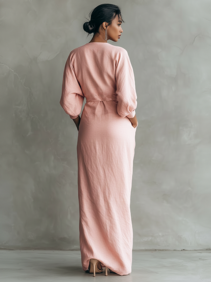Robe Maxi en Lin Mélangé Minimaliste à Col V pour Femmes Rose MDA1655L0Y