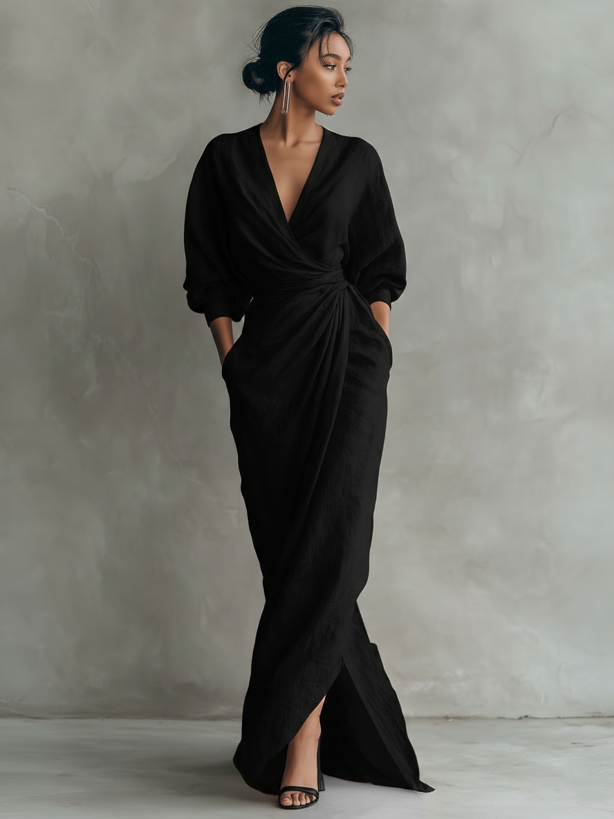Robe Maxi en Lin Mélangé Minimaliste à Col V pour Femmes Rose MDA1655L0Y