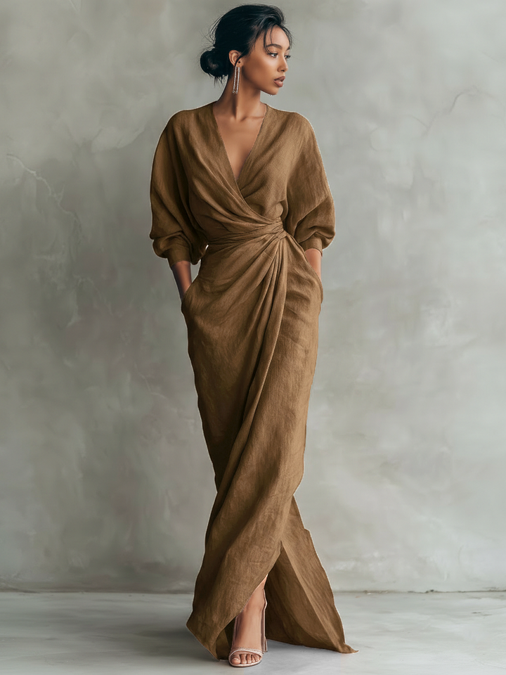 Robe Maxi en Lin Mélangé Minimaliste à Col V pour Femmes Rose MDA1655L0Y