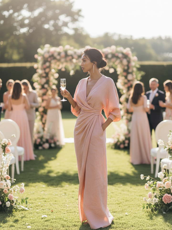 Robe Maxi en Lin Mélangé Minimaliste à Col V pour Femmes Rose MDA1655L0Y
