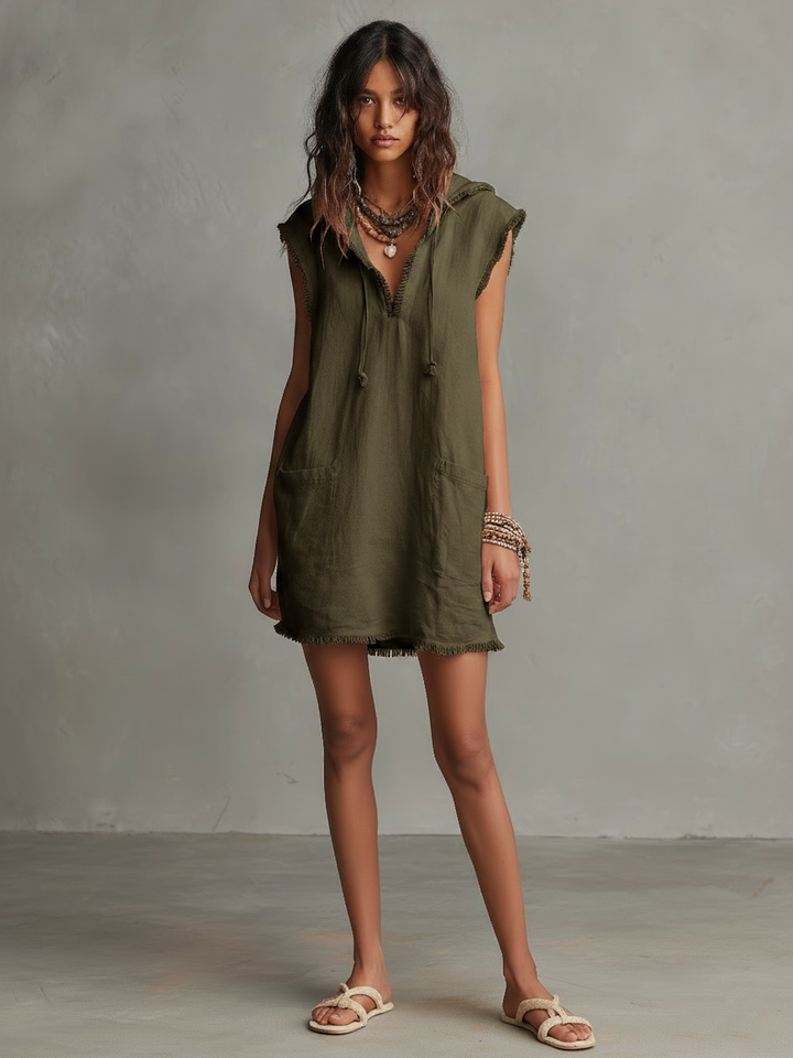 Vestido Mini de Mezcla de Lino Minimalista para Mujeres — Con Capucha, Sin Mangas, Dobladillo Crudo MDZ2961D3Y