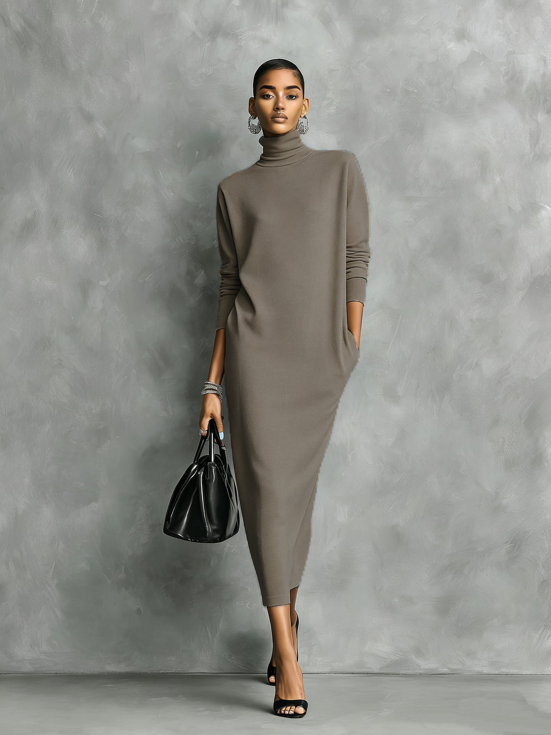 Ropa Midi Amplia de Tejido Negro Elegante para Mujeres con Cuello y Mangas Largas Sin Bolsillos MDA1974L7AN