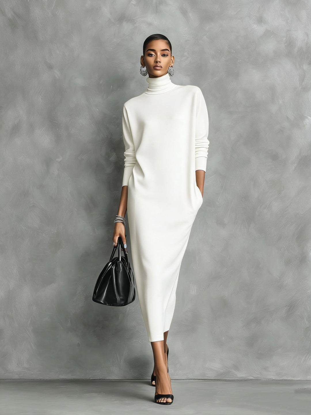 Ropa Midi Amplia de Tejido Negro Elegante para Mujeres con Cuello y Mangas Largas Sin Bolsillos MDA1974L7AN