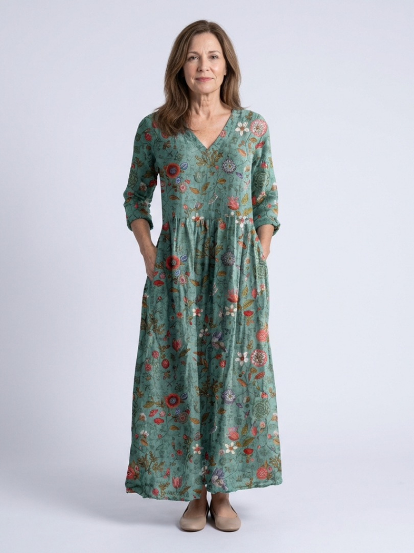Marina | Vestido maxi con escote en V floral y mangas tres cuartos