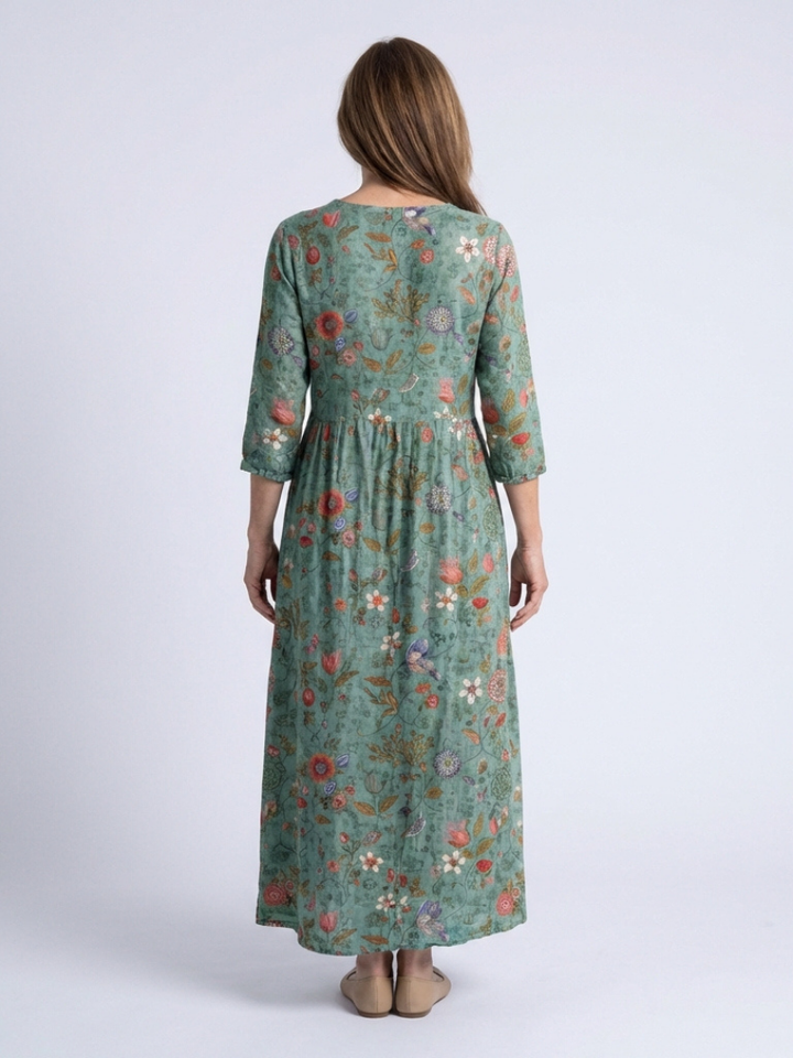Marina | Vestido maxi con escote en V floral y mangas tres cuartos
