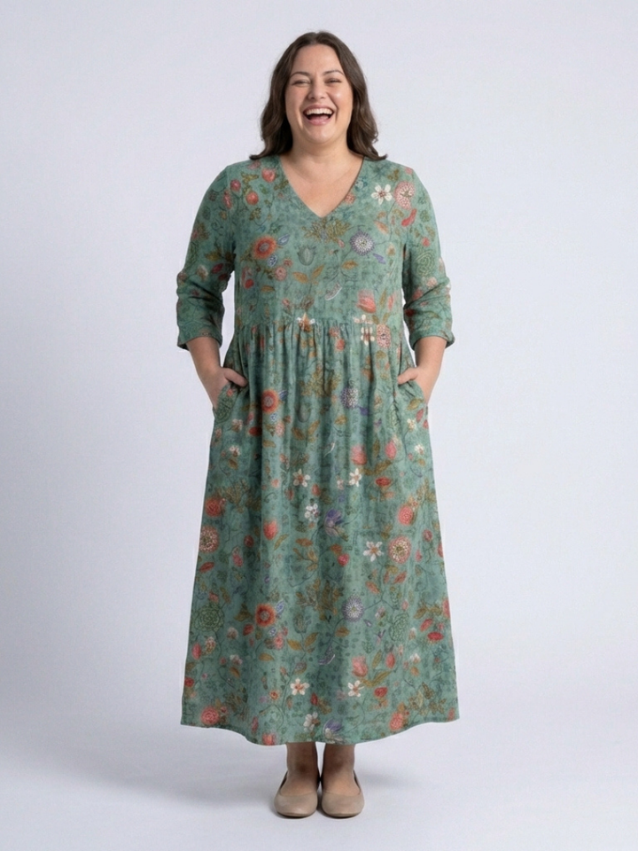 Marina | Vestido maxi con escote en V floral y mangas tres cuartos