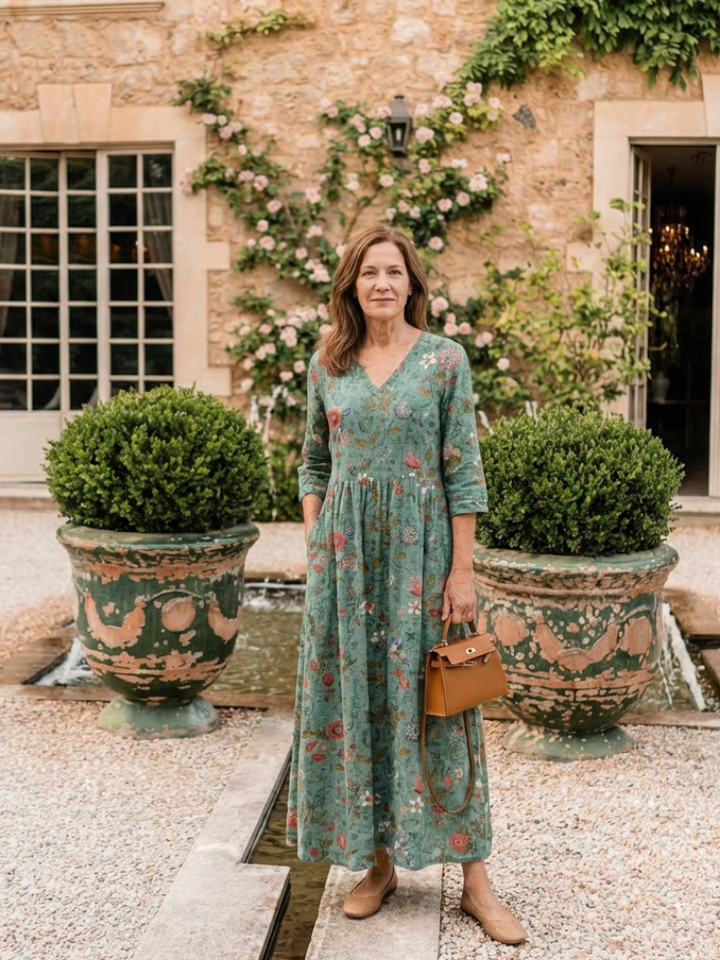 Marina | Vestido maxi con escote en V floral y mangas tres cuartos