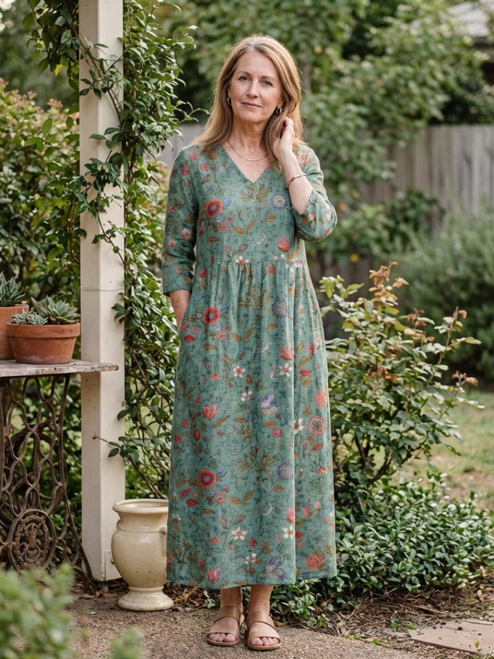 Marina | Vestido maxi con escote en V floral y mangas tres cuartos