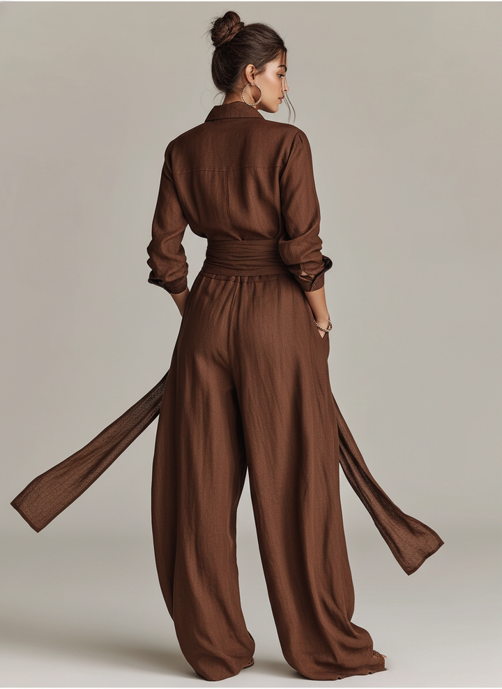 Combinación de Manga Larga de Algodón-Lino Elegante para Mujeres, Marrón, con Cuello de Camisa y Cinturón MDA1965L9AN