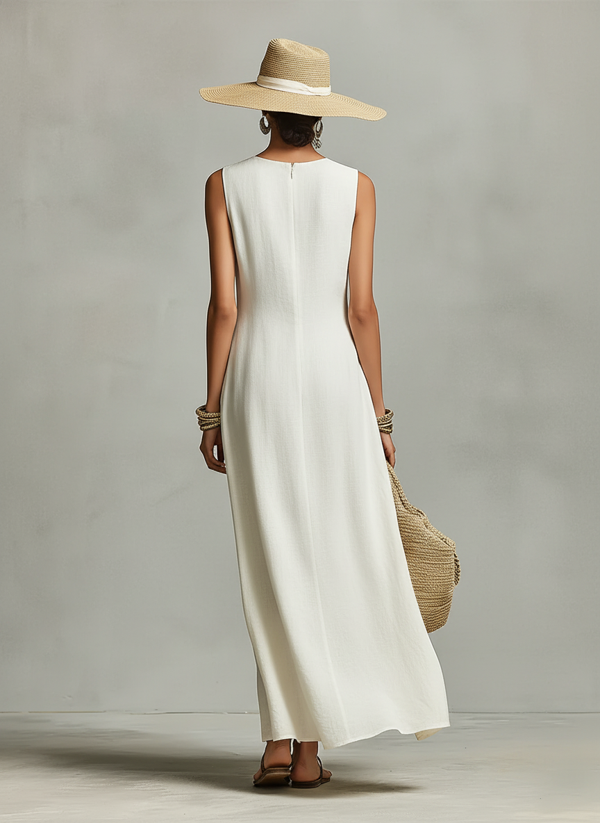 Vestido de Lino Transpirable Marfil para Mujeres con Detalle Sin Mangas y Dobladillo Asimétrico, Estilo Informal y Femenino Contemporáneo MDZ0408C2I