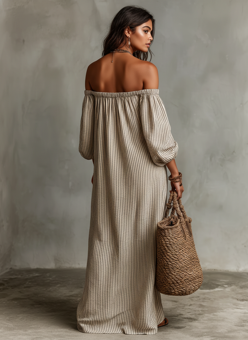 Ropa Maxi de Manga Larga en Mezcla de Algodón y Lino para Mujeres, Estilo Vacaciones, Hombros Descubiertos MDZ0481B5Y