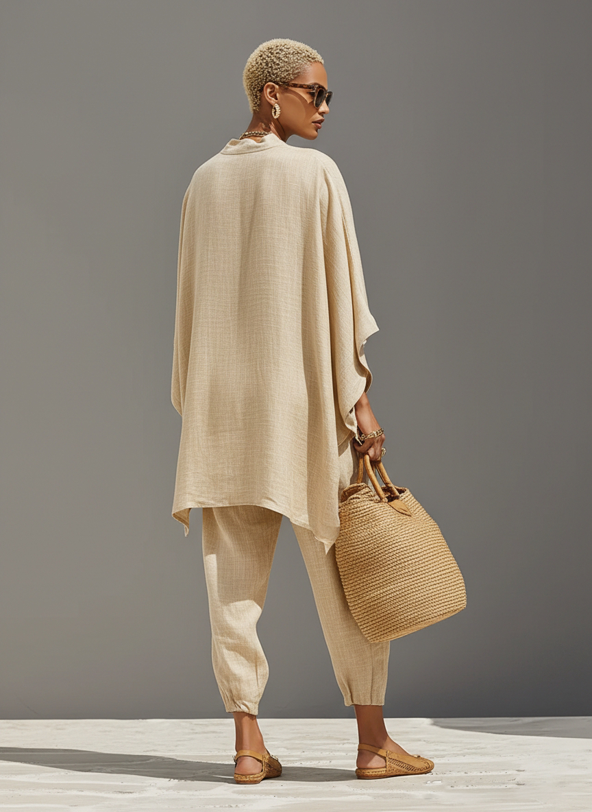Conjunto Neutro de Lino para Mujeres con Dobladillo Asimétrico y Diseño Minimalista, Conjunto de Estilo Casual Refinado MDZ0501B3I