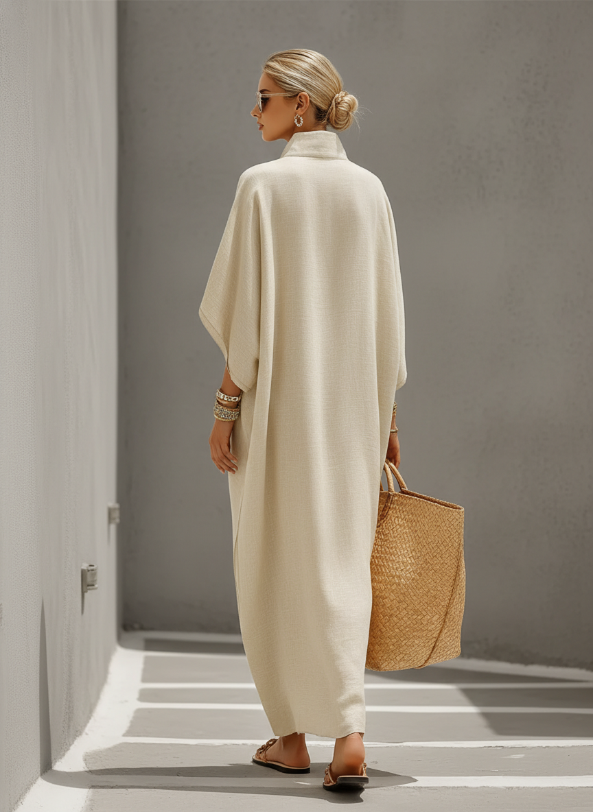 Ropa de Lino Avena para Mujeres con Cuello Mandarín y Mangas Dolman, Vestido de Estilo Resort-Casual Atemporal MDZ0552B1I