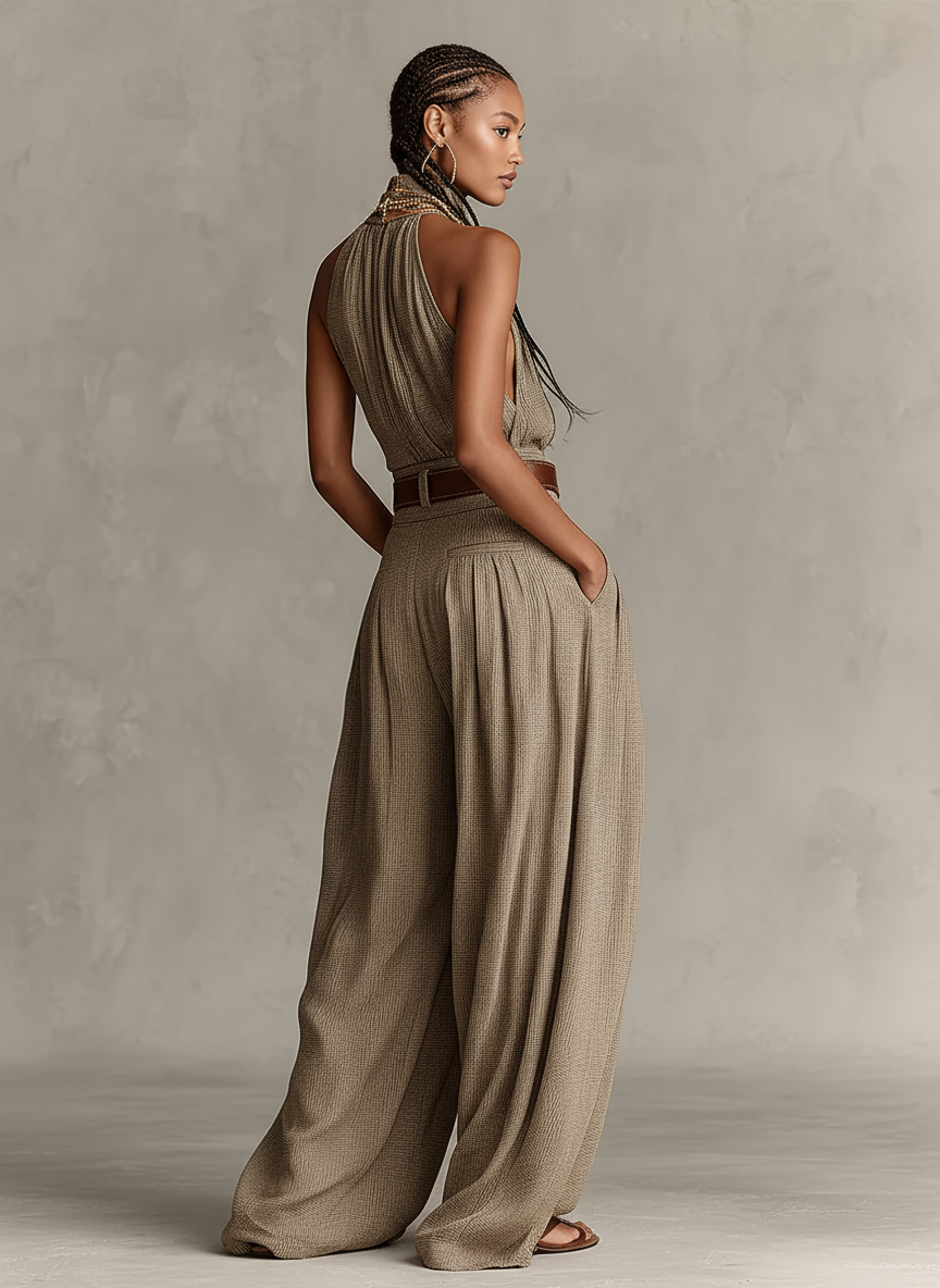 Mono Mujer Taupe Mezcla Algodón Con Cuello Halter & Pantalones Anchos, Estilo Boho-Élégante Atemporal (Sin Cinturón) MDZ0940C3I