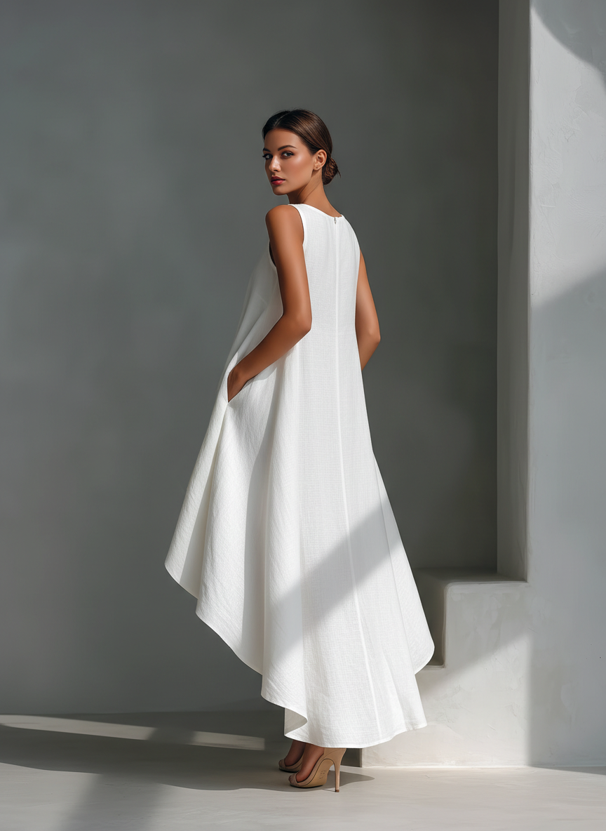 Ropa Midi Sin Mangas de Lino Blanco para Mujeres con Cuello Redondo y Dobladillo Asimétrico MDZ0987B9T