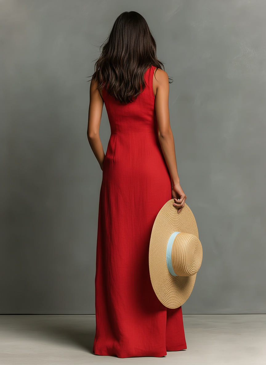 Vestido Camisa Maxi Sin Mangas con Cuello Minimalista en Mezcla de Lino para Mujeres MDZ1011C0Y