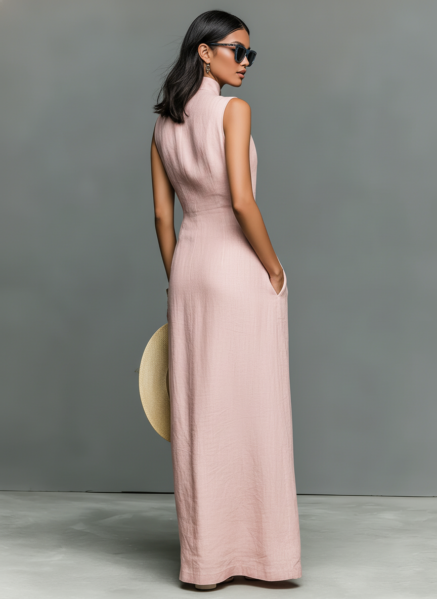 Vestido Maxi Sin Mangas de Mezcla de Lino Minimalista para Mujeres con Cuello Alto y Botonadura Única MDZ1049C1Y