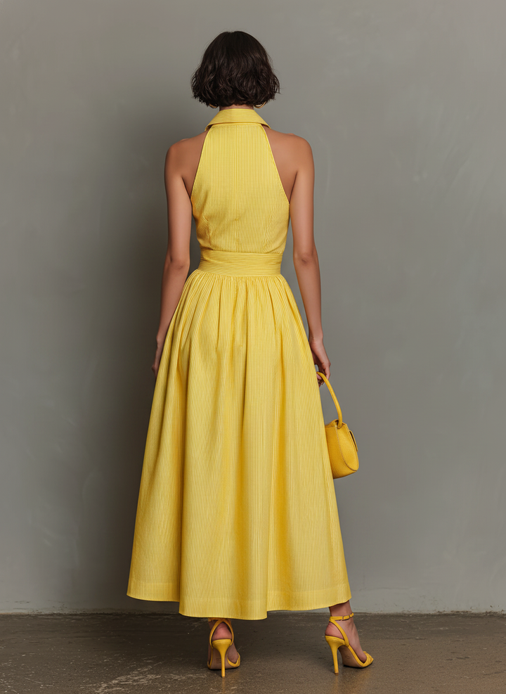 Vestido Maxi Sin Mangas con Cuello Rayado Minimalista para Mujeres MDZ1099D5Y
