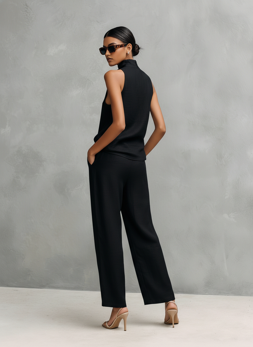 Conjunto de Top y Pantalón Sin Mangas de Algodón y Lino Negro Elegante para Mujeres MDZ1441A4AN