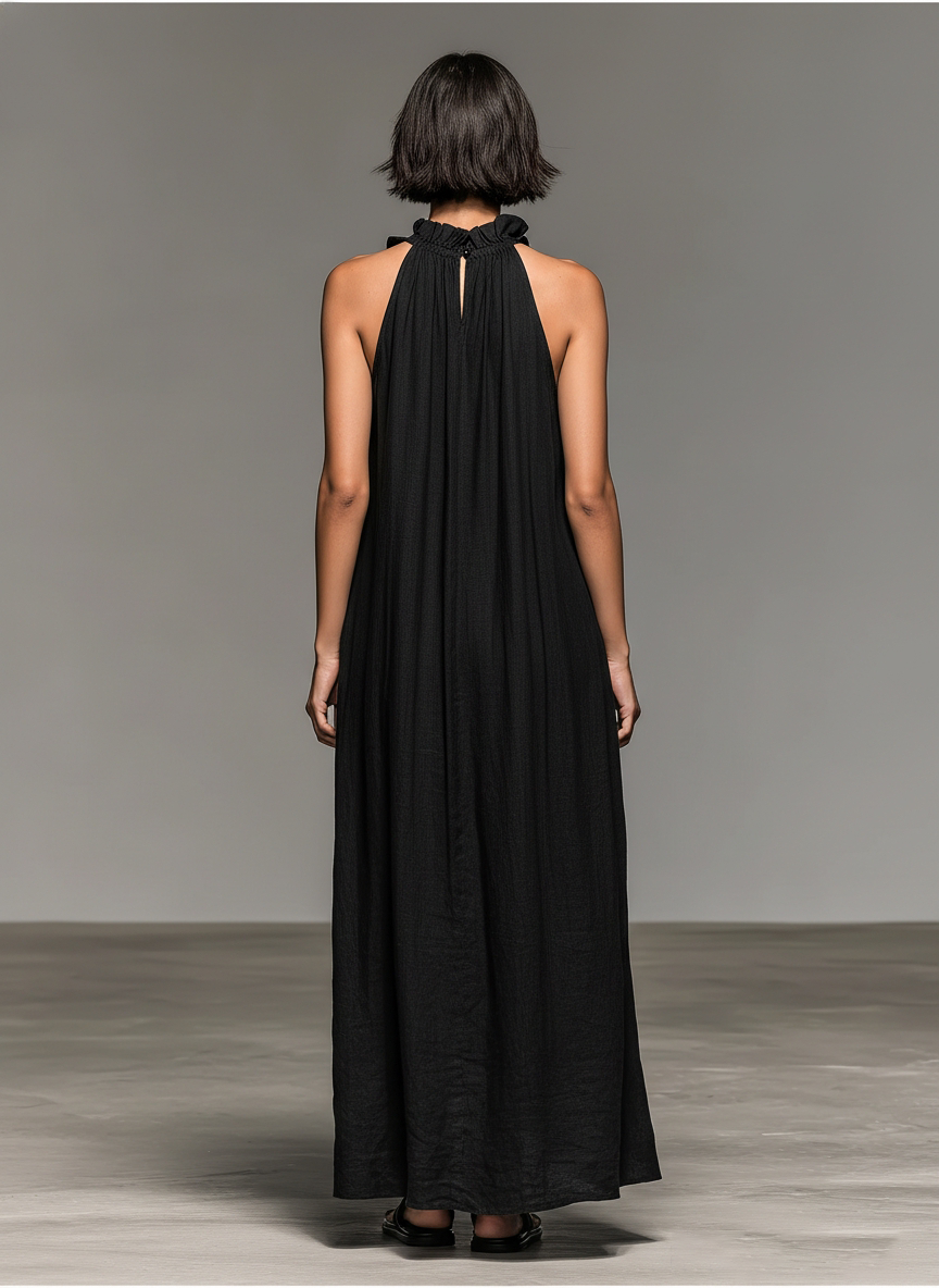 Vestido Maxi Sin Mangas en Mezcla de Lino Minimalista para Mujeres con Detalles Fruncidos MDZ1622A0Y