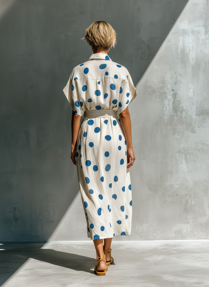 Vestido Camisero de Lino Mezclado Color Blanco Roto con Cinturón y Bolsillos para Mujeres MDZ2481D3T