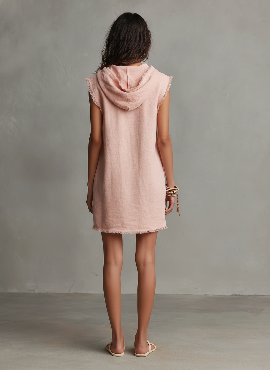 Vestido Mini de Mezcla de Lino Minimalista para Mujeres — Con Capucha, Sin Mangas, Dobladillo Crudo MDZ2961D3Y