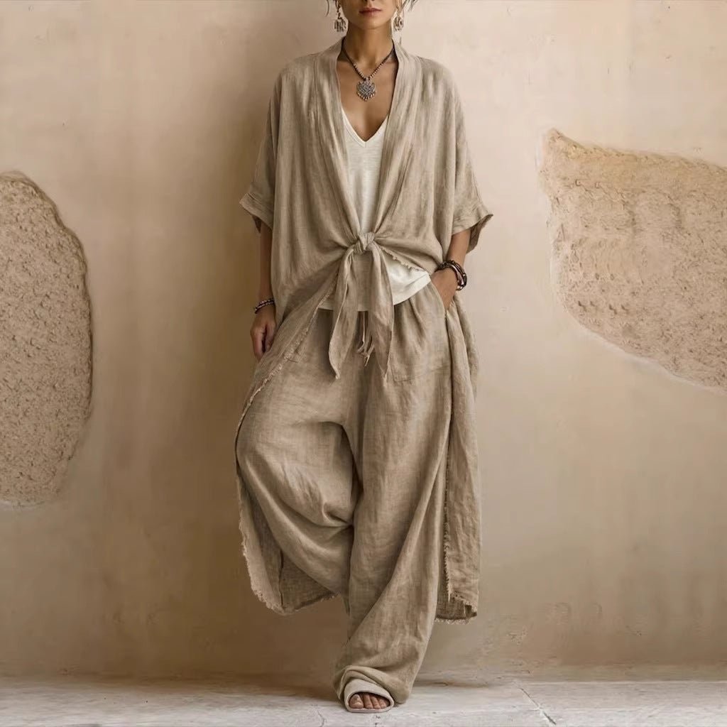 Conjunto de Kimono Sobredimensionado y Pantalón Ancho de Dos Piezas