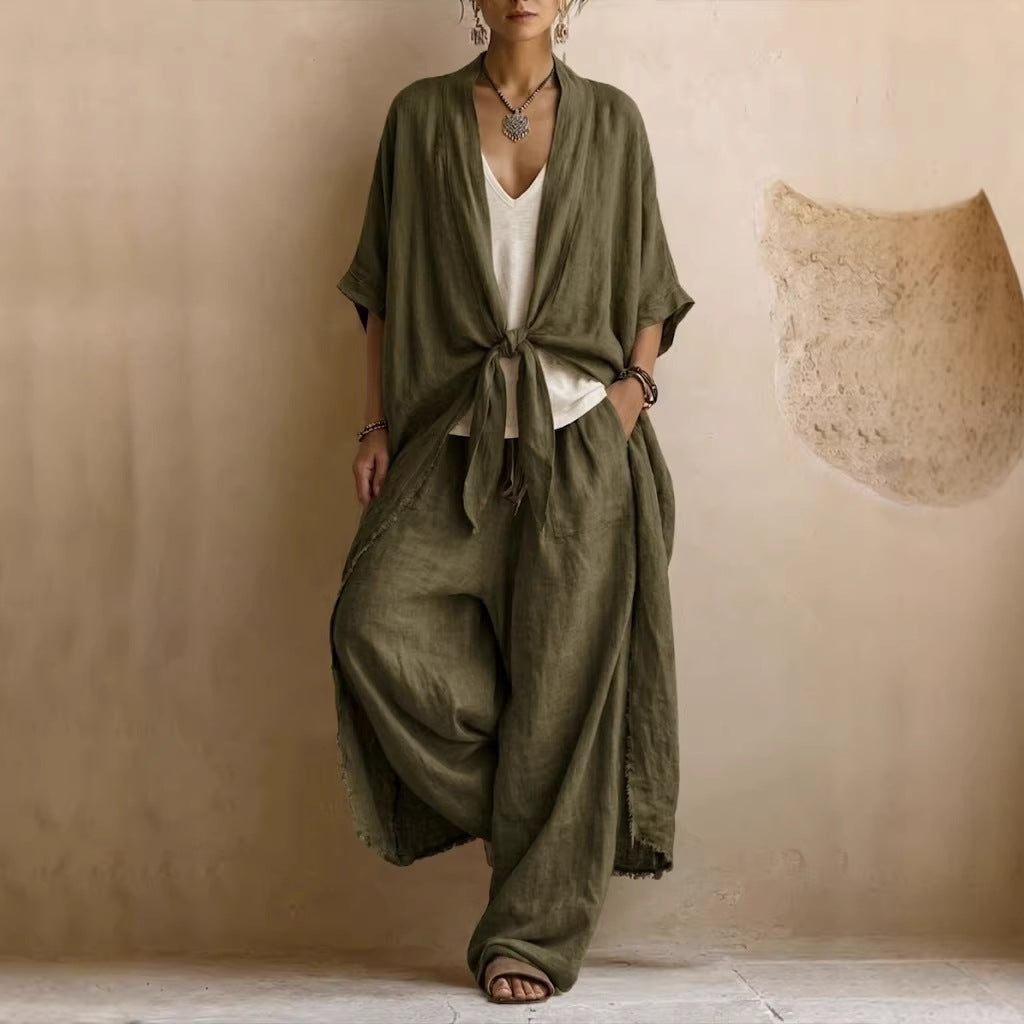 Conjunto de Kimono Sobredimensionado y Pantalón Ancho de Dos Piezas