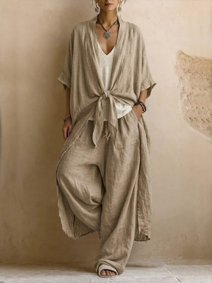 Conjunto de Kimono Sobredimensionado y Pantalón Ancho de Dos Piezas
