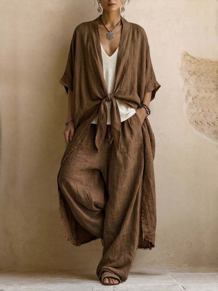 Conjunto de Kimono Sobredimensionado y Pantalón Ancho de Dos Piezas
