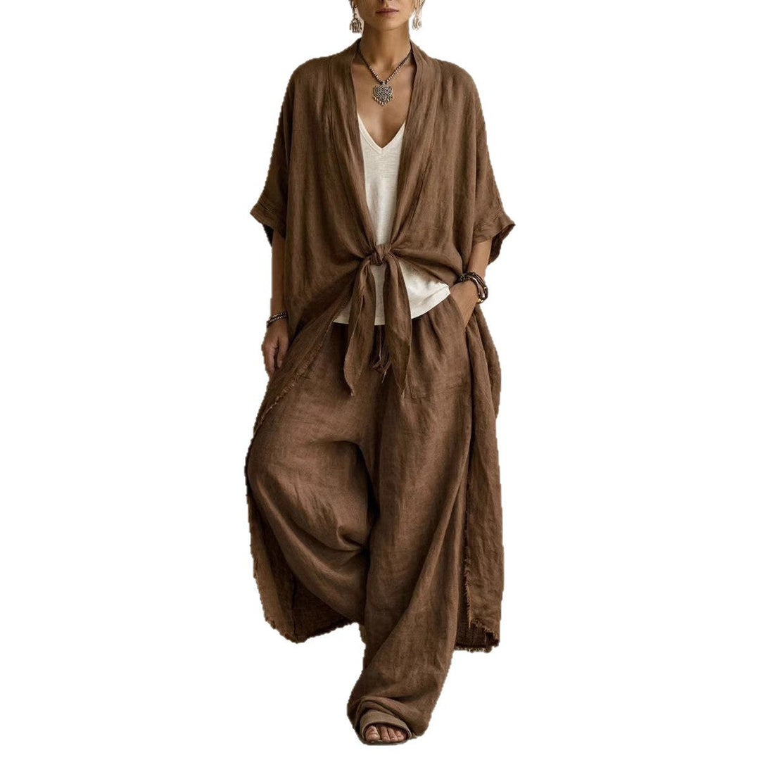 Conjunto de Kimono Sobredimensionado y Pantalón Ancho de Dos Piezas