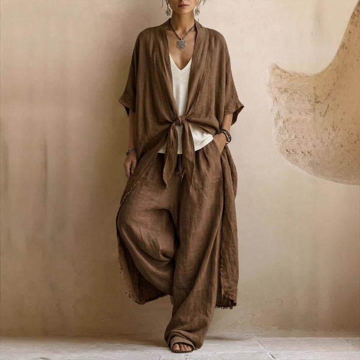 Conjunto de Kimono Sobredimensionado y Pantalón Ancho de Dos Piezas
