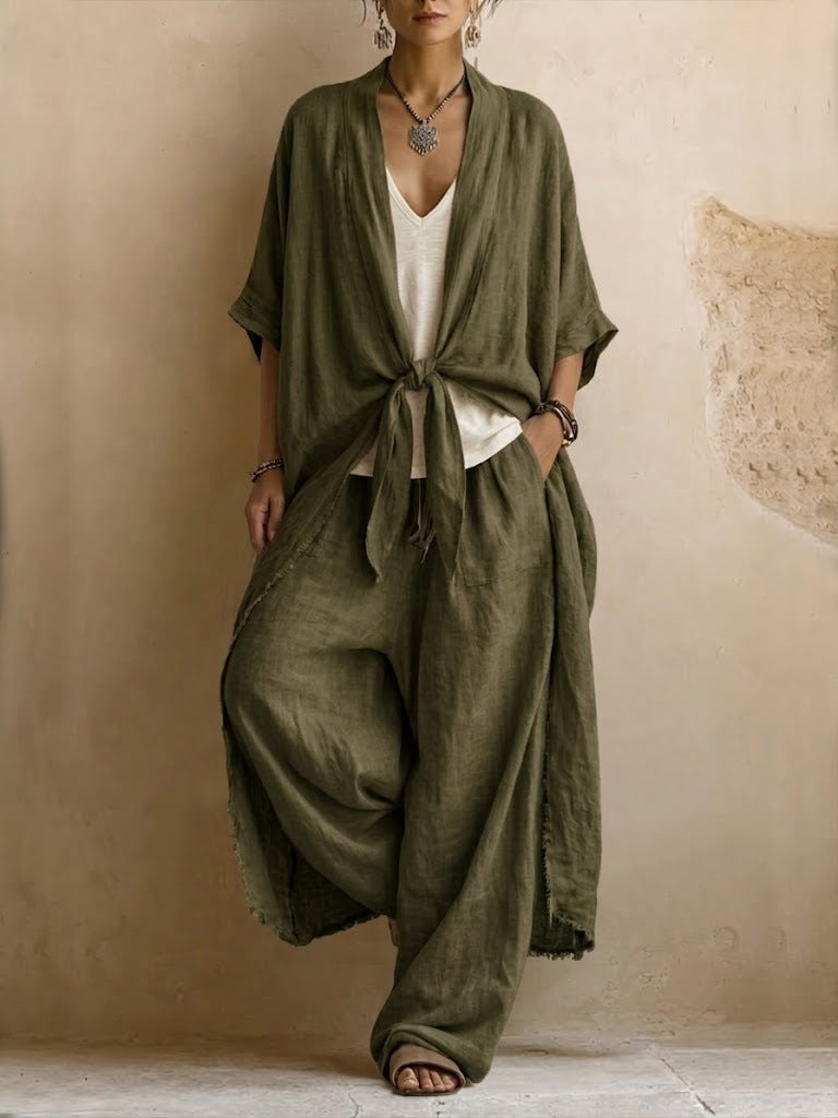 Conjunto de Kimono Sobredimensionado y Pantalón Ancho de Dos Piezas