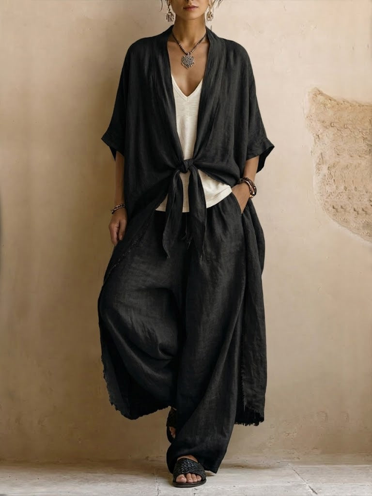 Conjunto de Kimono Sobredimensionado y Pantalón Ancho de Dos Piezas