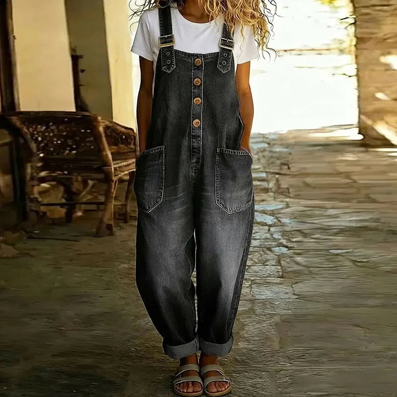Carmen - Mono de denim vintage en algodón suave con tirantes ajustables