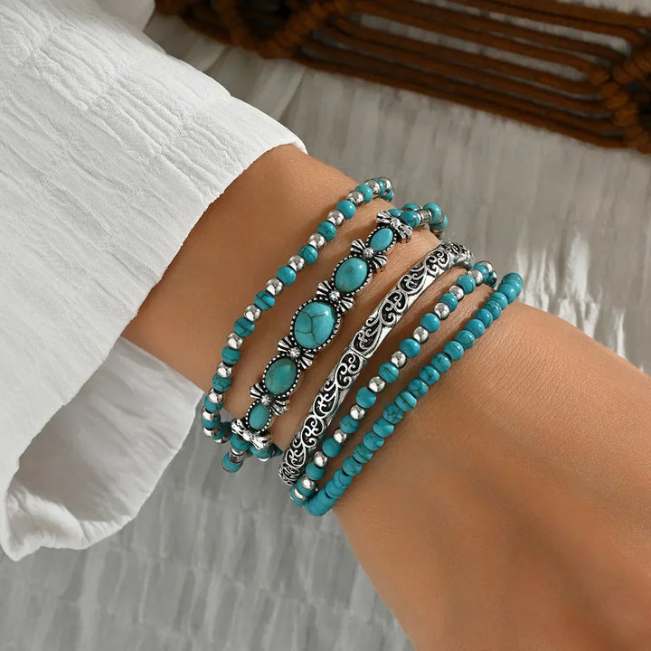Conjunto de Pulseras de Perlas Turquesa Bohemio
