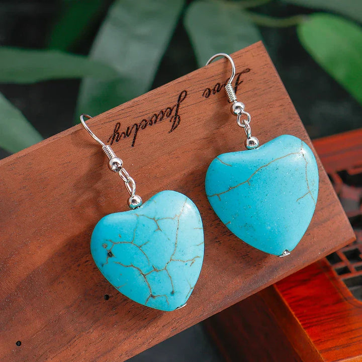 Pendientes colgantes en forma de corazón de turquesa antigua