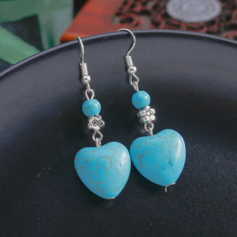 Pendientes colgantes en forma de corazón de turquesa antigua