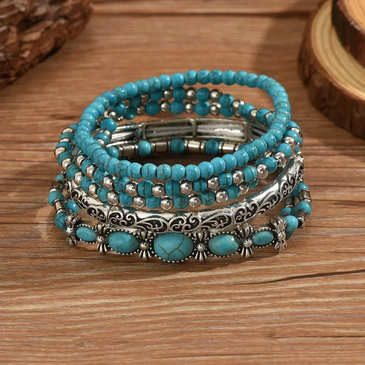 Conjunto de Pulseras de Perlas Turquesa Bohemio