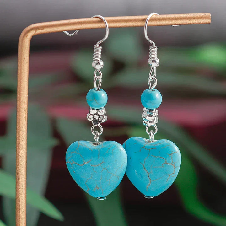 Pendientes colgantes en forma de corazón de turquesa antigua