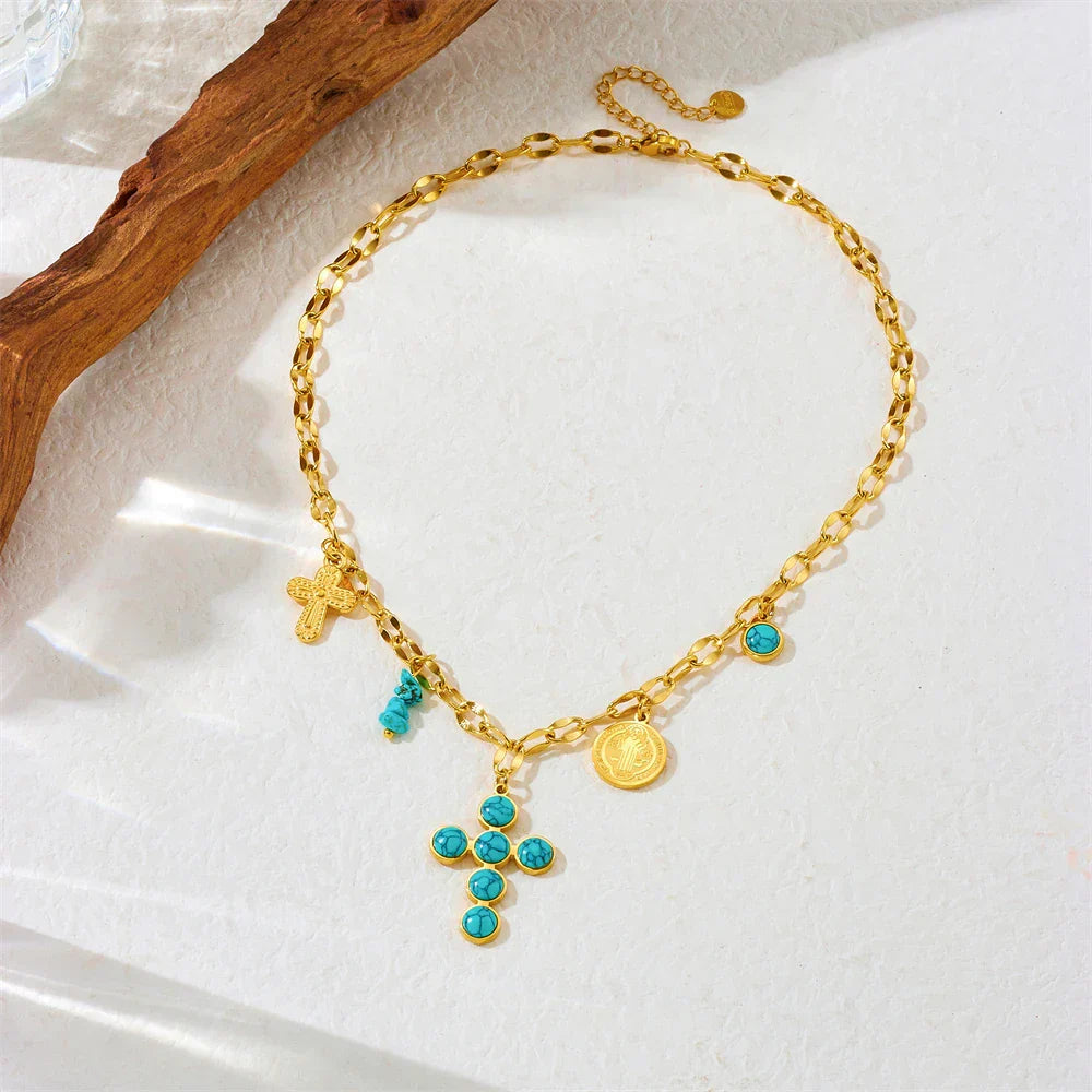 Collar Cruzado Turquesa Exclusivo en Acero Inoxidable