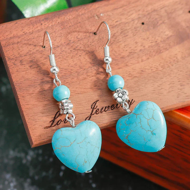 Pendientes colgantes en forma de corazón de turquesa antigua
