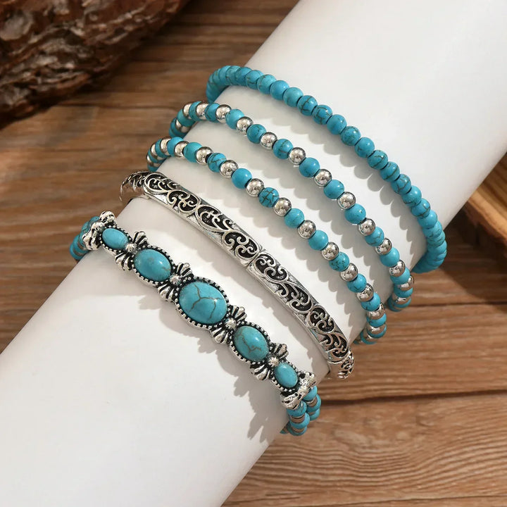 Conjunto de Pulseras de Perlas Turquesa Bohemio