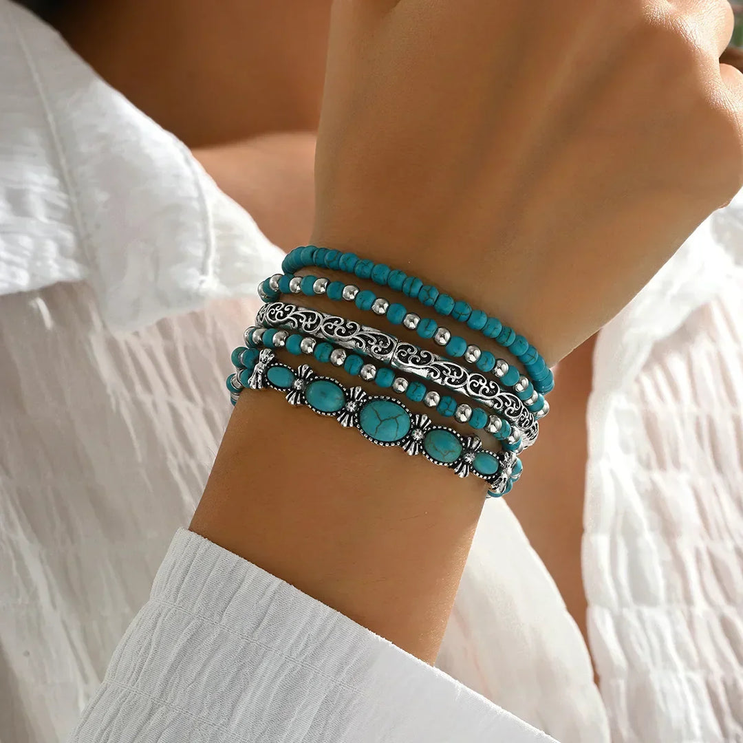 Conjunto de Pulseras de Perlas Turquesa Bohemio