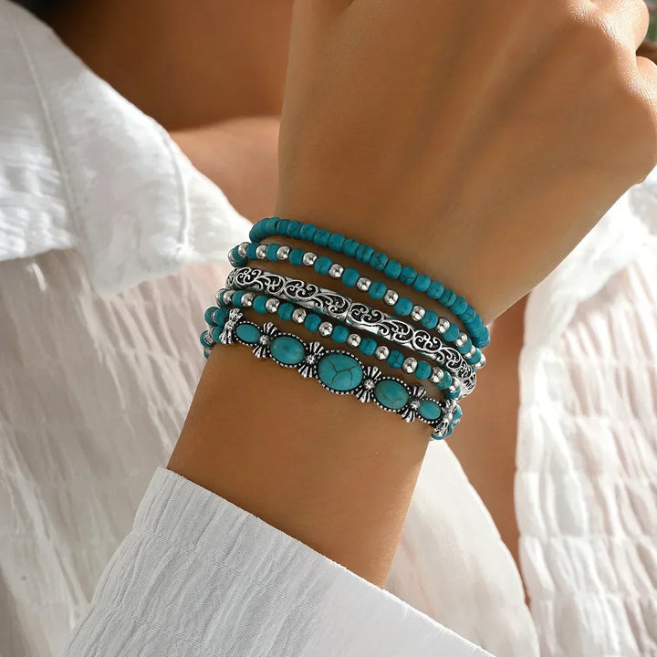 Conjunto de Pulseras de Perlas Turquesa Bohemio