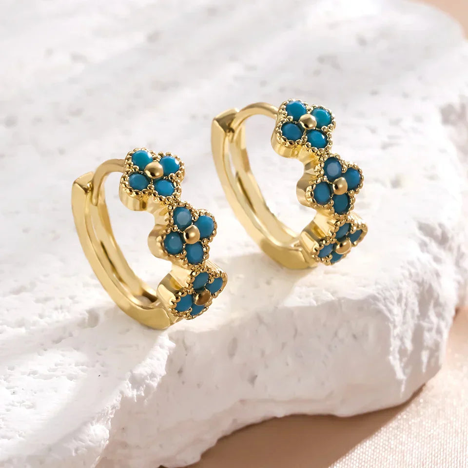 Pendientes de Aro con Flor Azul Turquesa Chic